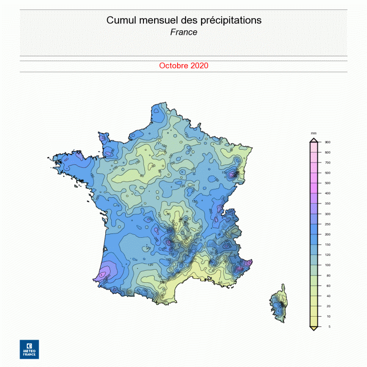Cumul de précipitations, en France, en octobre 2020.  © Météo-France.