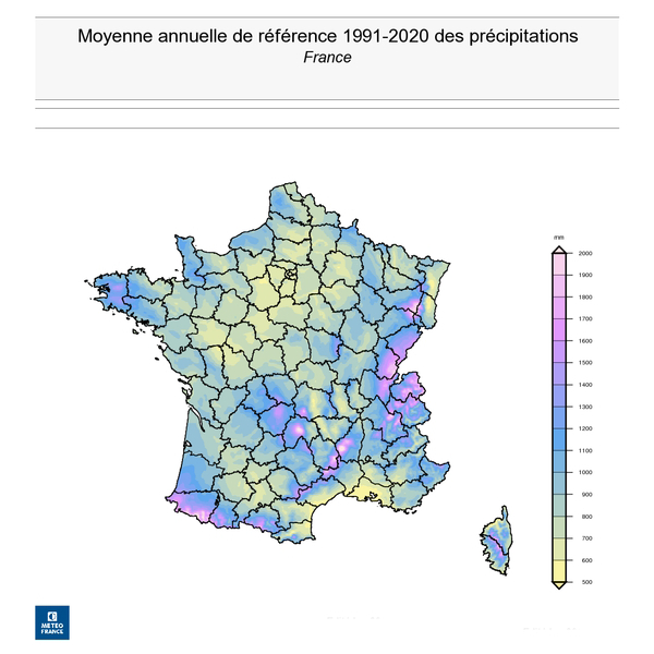 Cumul moyen annuel de précipitations sur la métropole. © Météo-France