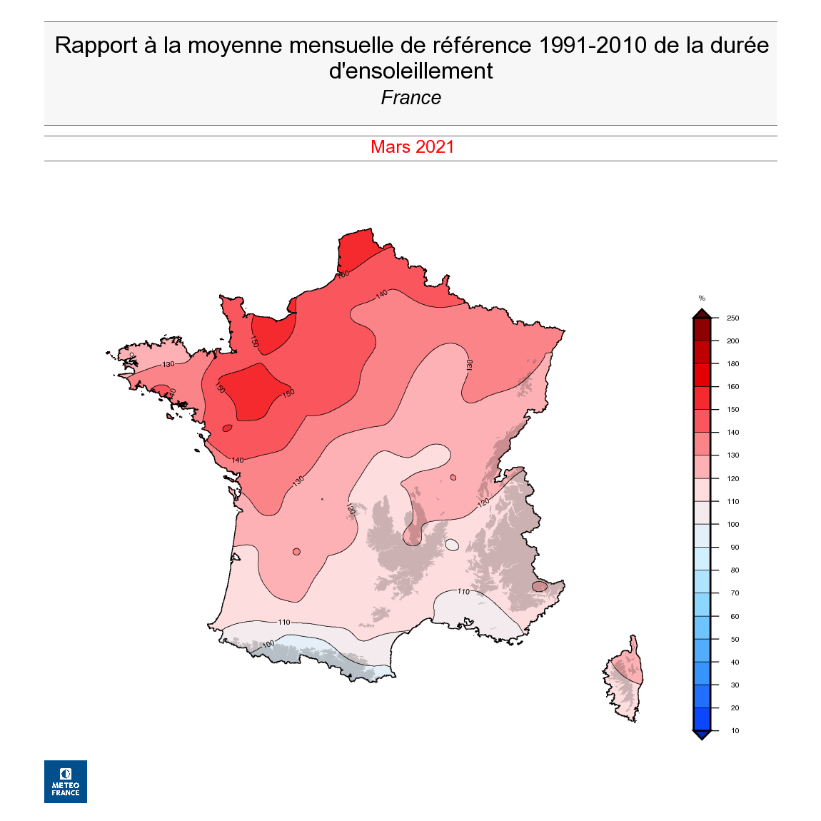 Rapport à la moyenne mensuelle des cumuls de la durée d'ensoleillement, en France, en mars 2021. © Météo-France.