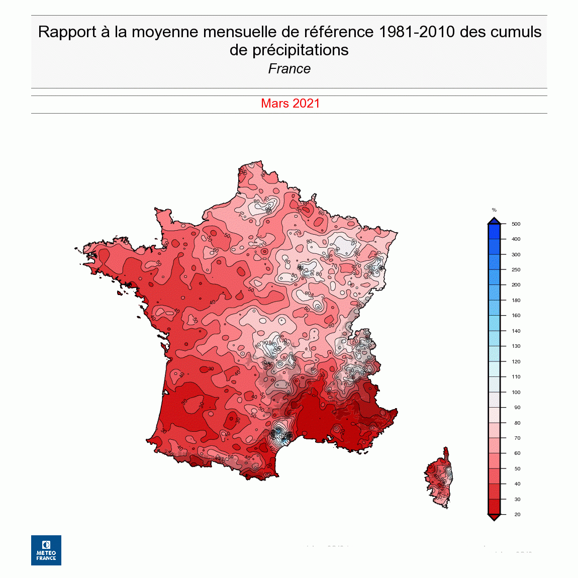 Rapport à la moyenne mensuelle des cumuls de précipitations, en France, en mars 2021. © Météo-France.