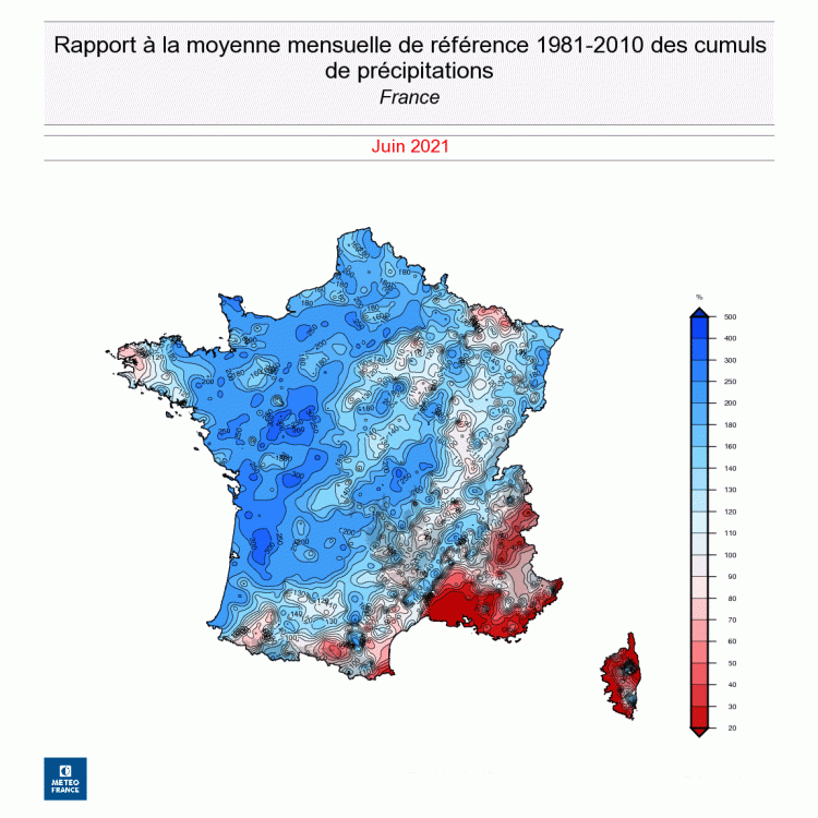 Rapport à la moyenne mensuelle des cumuls de précipitations en France, en juin 2021. © Météo-France.