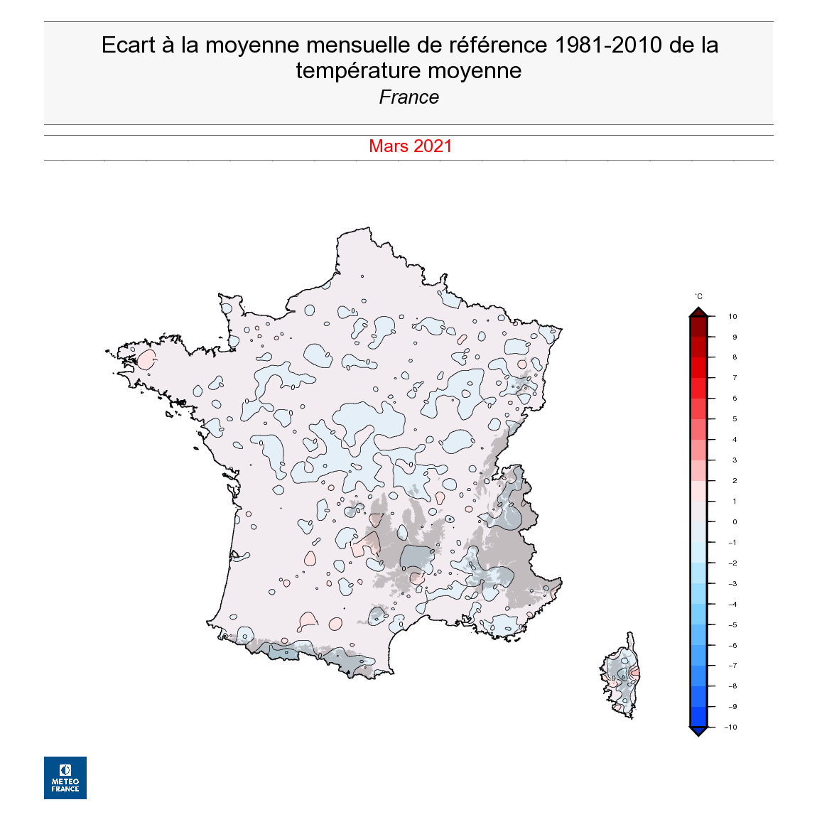 Écart à la normale de la température moyenne en France, en mars 2021. © Météo-France.