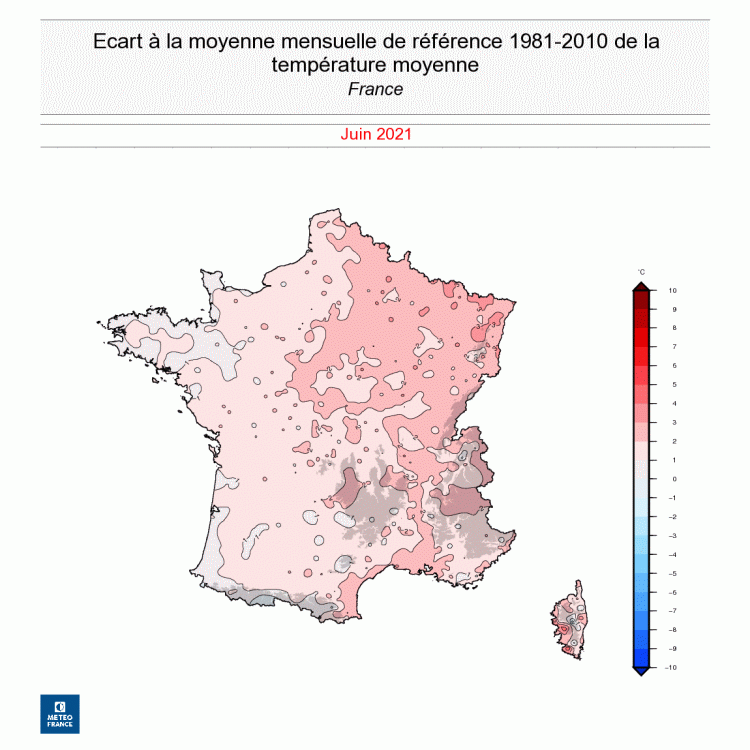 Écart à la moyenne mensuelle de la température moyenne, en France, en juin 2021. © Météo-France.
