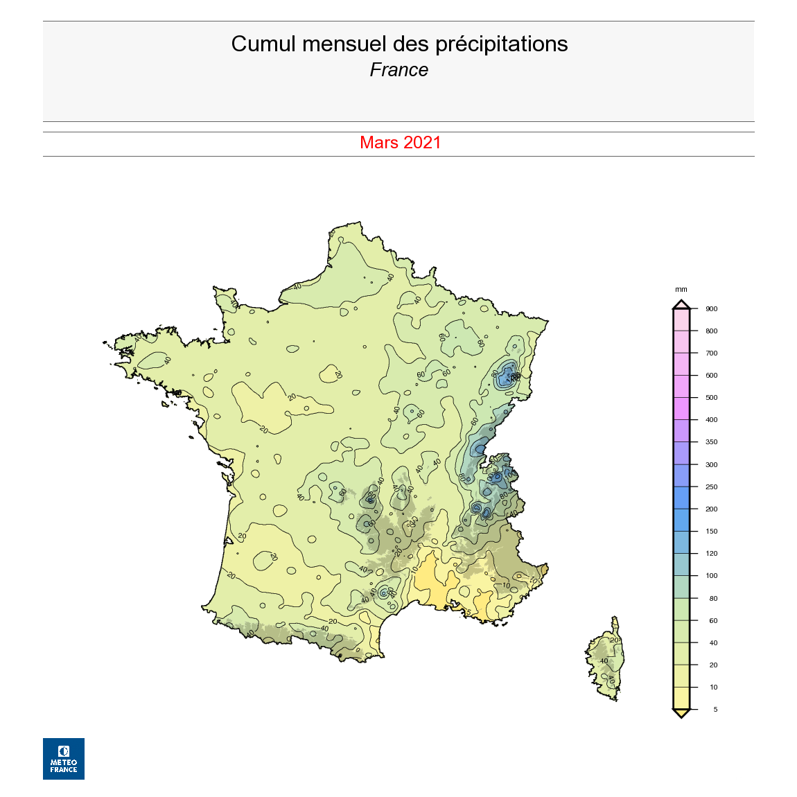 Cumul de précipitations, en France, en mars 2021. © Météo-France.