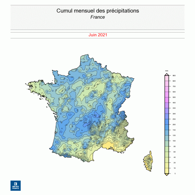 Cumul de précipitations en France, en juin 2021. © Météo-France.