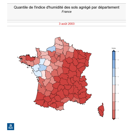Indice d'humidité des sols agrégé par département le 3 août 2003. © Météo-France