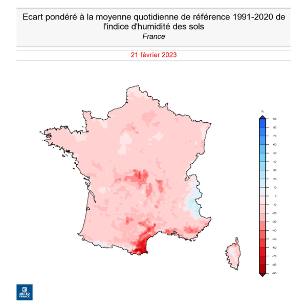 Ecart à la moyenne quotidienne de l'indice d'humidité des sols au 21 février 2023. © Météo-France