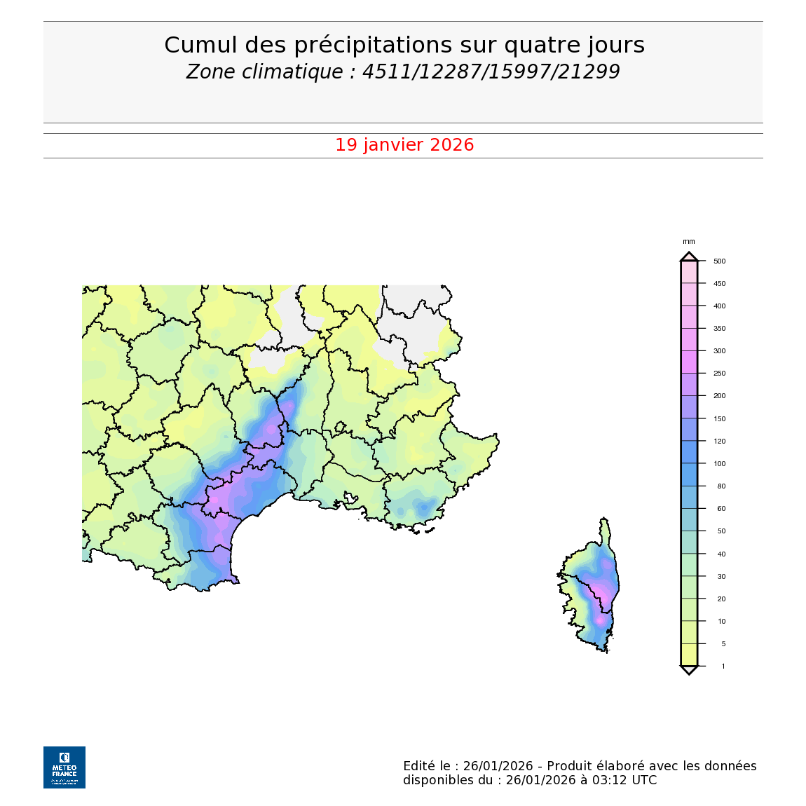 Cumuls de précipitations sur le Sud-Est entre le 16 et le 19 janvier 2026.
