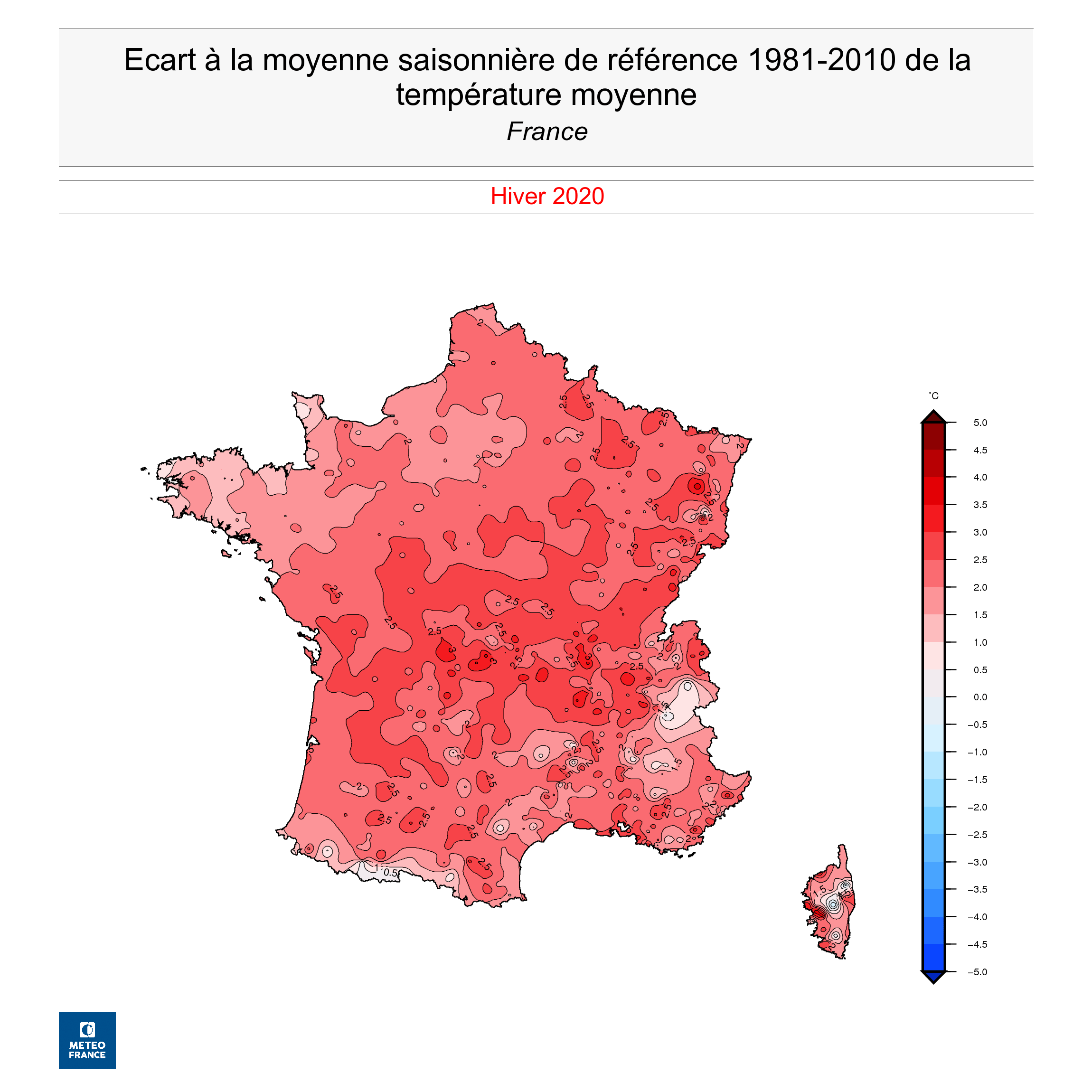 Ecart à la moyenne saisonnière de référence de la température moyenne avec les données du 1er décembre 2019 au 30 janvier 2020