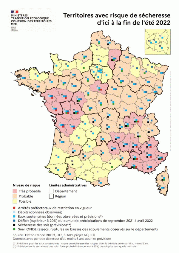Cette carte, réalisée par le ministère de la Transition écologique avec les données de Météo-France, BRGM, OFB, Schapi, projet AQUIFR, montre les territoires dans lesquelles il y a des risques de sécheresse d’ici à la fin de l’été.