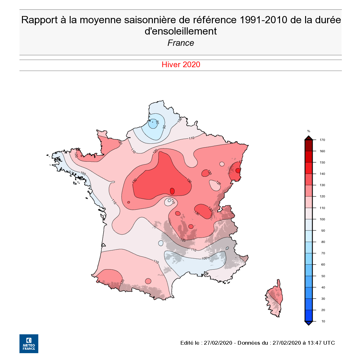 Rapport à la moyenne de référence 1991-2010 de la durée d'ensoleillement en France en hiver 2019-2020