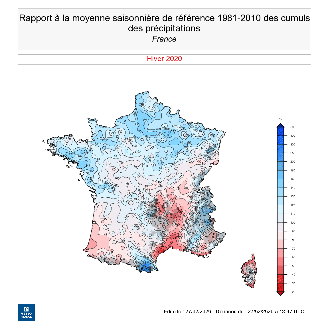 Rapport à la moyenne 1981-2010 des cumuls de précipitations en France cet hiver 2019-2020