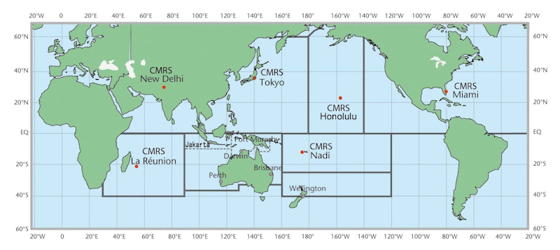 Carte des différentes zones de responsabilité des divers centres (CMRS et TCWC). © Météo-France