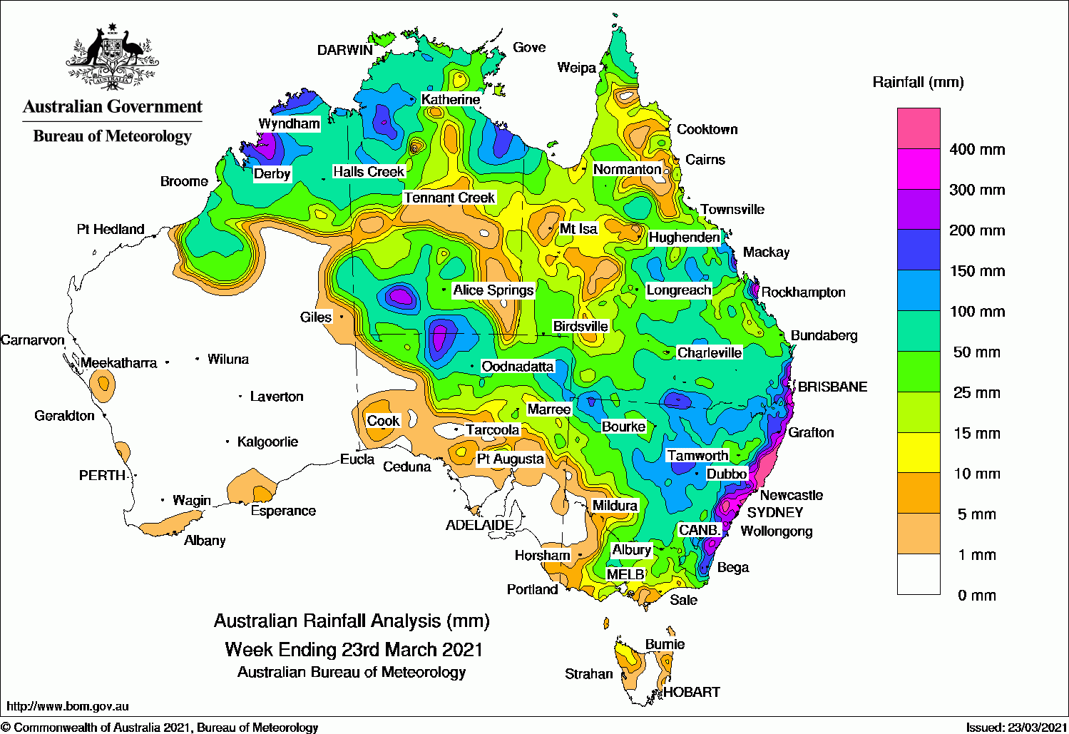 Cumuls de pluie entre le 16 et le 23 mars 2021. © Australian Bureau of Meteorology.