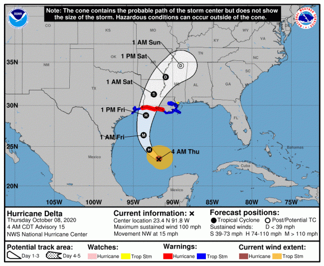 Trajectoire prévue de Delta. © NOAA/NHC.