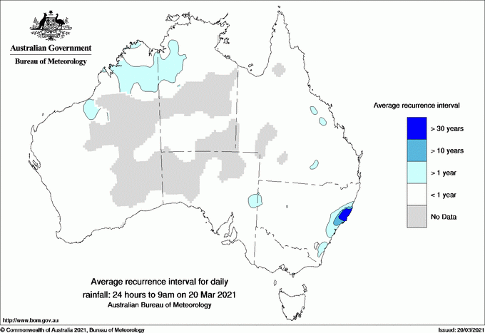 Durées de retour des cumuls de pluie 24 heures du 20 mars 2021. © Australian Bureau of Meteorology.