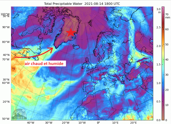 Eau précipitable le 14 août 2021. © tropic.ssec.wisc.edu