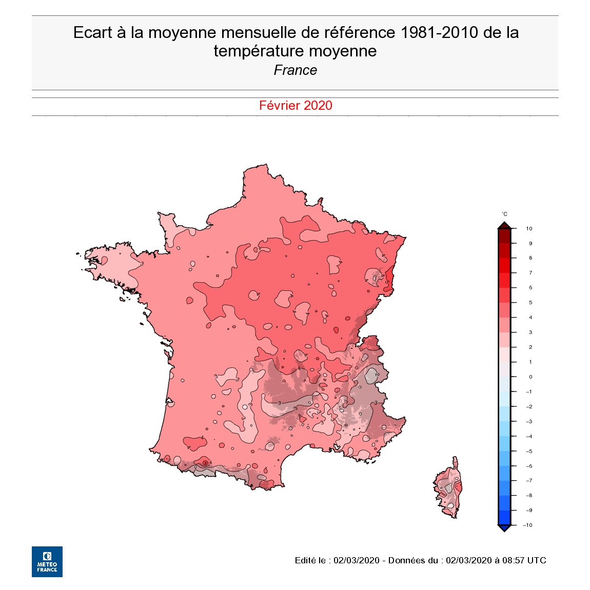 Écart à la moyenne mensuelle de référence 1981-2010 de la température moyenne, en février 2020. - © Météo-France