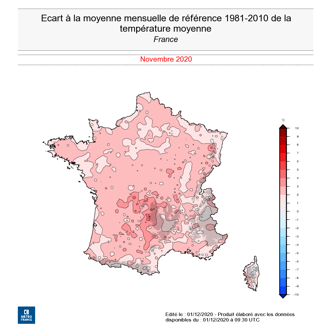 Écart à la moyenne mensuelle de référence 1981-2010 de la température moyenne en France, en novembre 2020. © Météo-France.