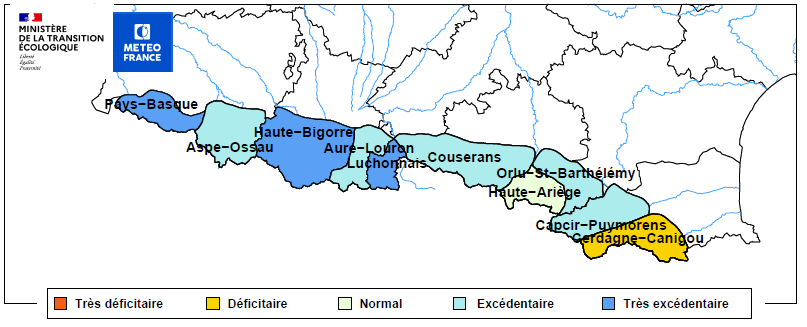 Caractérisation de l'enneigement (par rapport aux normales 1981-2010) à 1500 m en face nord dans les Pyrénées au 23 janvier 2023. © Météo-France