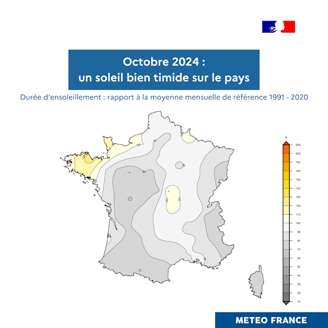 Écart à la moyenne mensuelle de référence (1991-2020) de la durée d'ensoleillement en France pour octobre 2024 © Météo-France