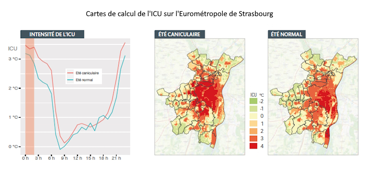 Cartes de calcul de l'ICU à Strasbourg © Météo-France