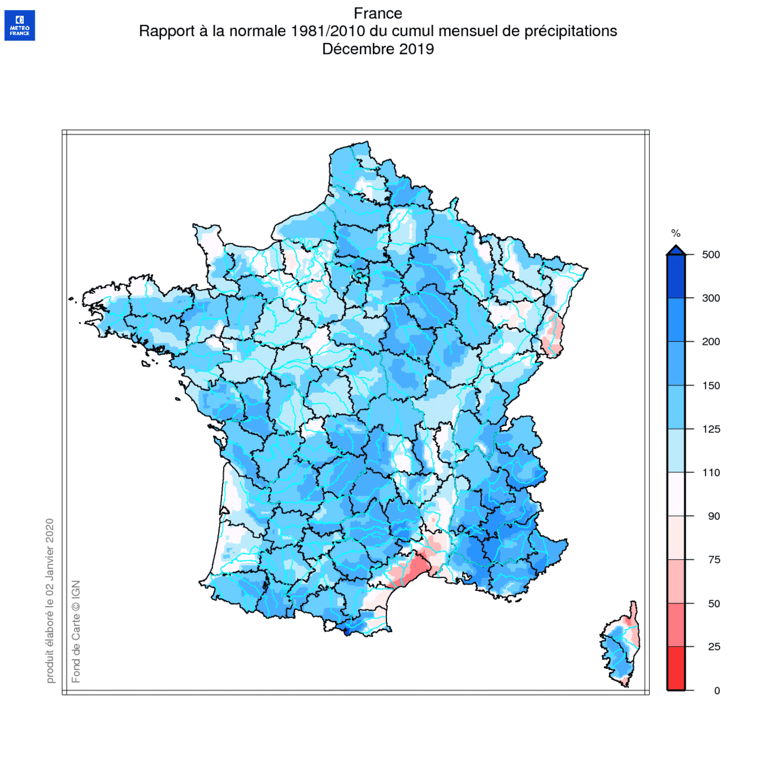 France - Rapport à la normale 1981/2010 du cumul mensuel de précipitations - décembre 2019 