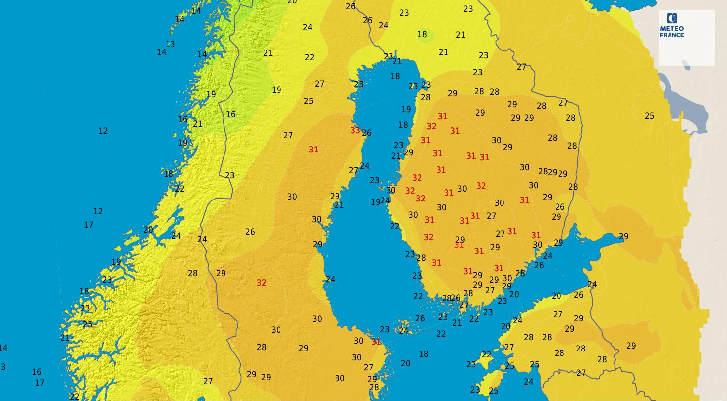 Fig. 1a : Températures relevées le jeudi 25 juin 2020 à 14 UTC - © Météo-France