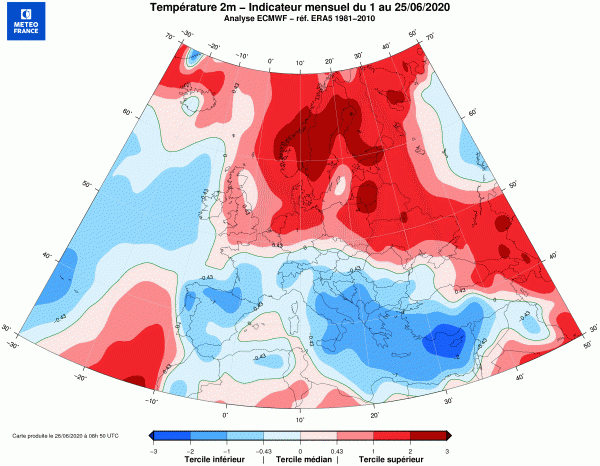 Anomalies de température sur l'Europe du 1er au 25 juin 2020 - © Météo-France