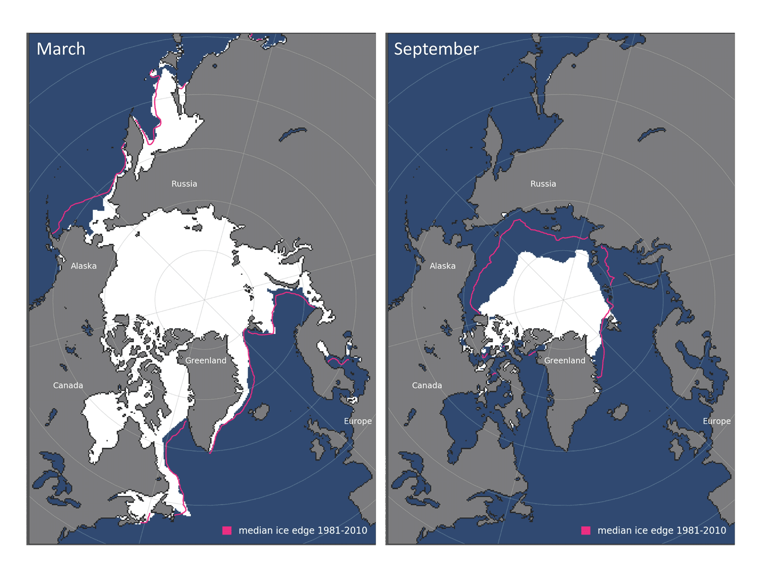 Extension de la glace de mer en mars 2019 à gauche et en septembre 2019 à droite - © NSIDC