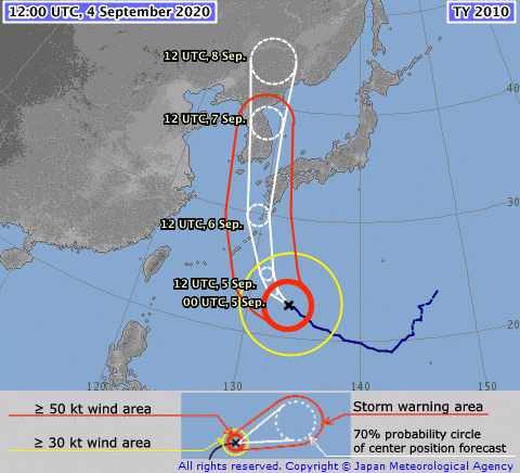 La trajectoire du typhon Haishen prévue par le JMA, l'agence météorologique japonaise, vendredi 4 septembre.