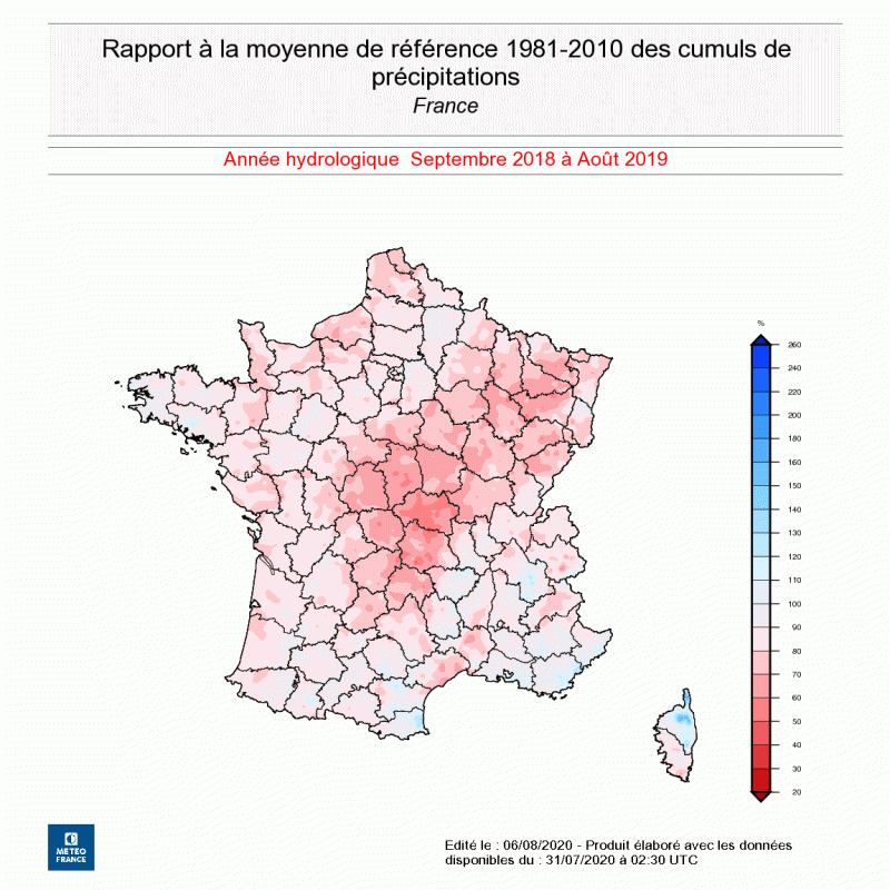 Rapport à la moyenne des cumuls de précipitations en France entre septembre 2018 et août 2019 - © Météo-France 