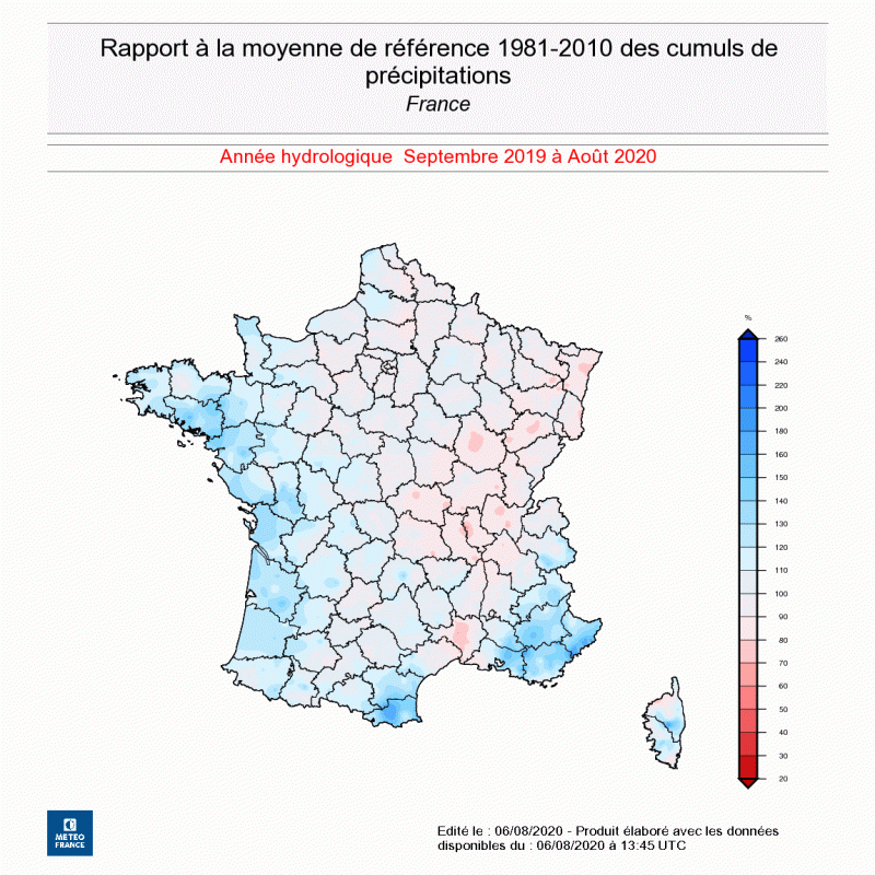 Rapport à la moyenne des cumuls de précipitations en France entre septembre 2019 et août 2020 - © Météo-France 