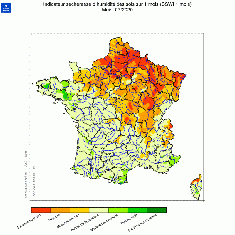 Indicateur d'humidité des sols sur la France en juillet 2020 - © Météo-France 