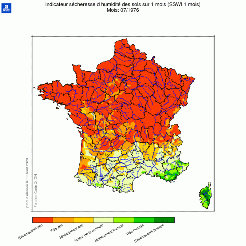 Indicateur d'humidité des sols sur la France en juillet 1976 - © Météo-France 