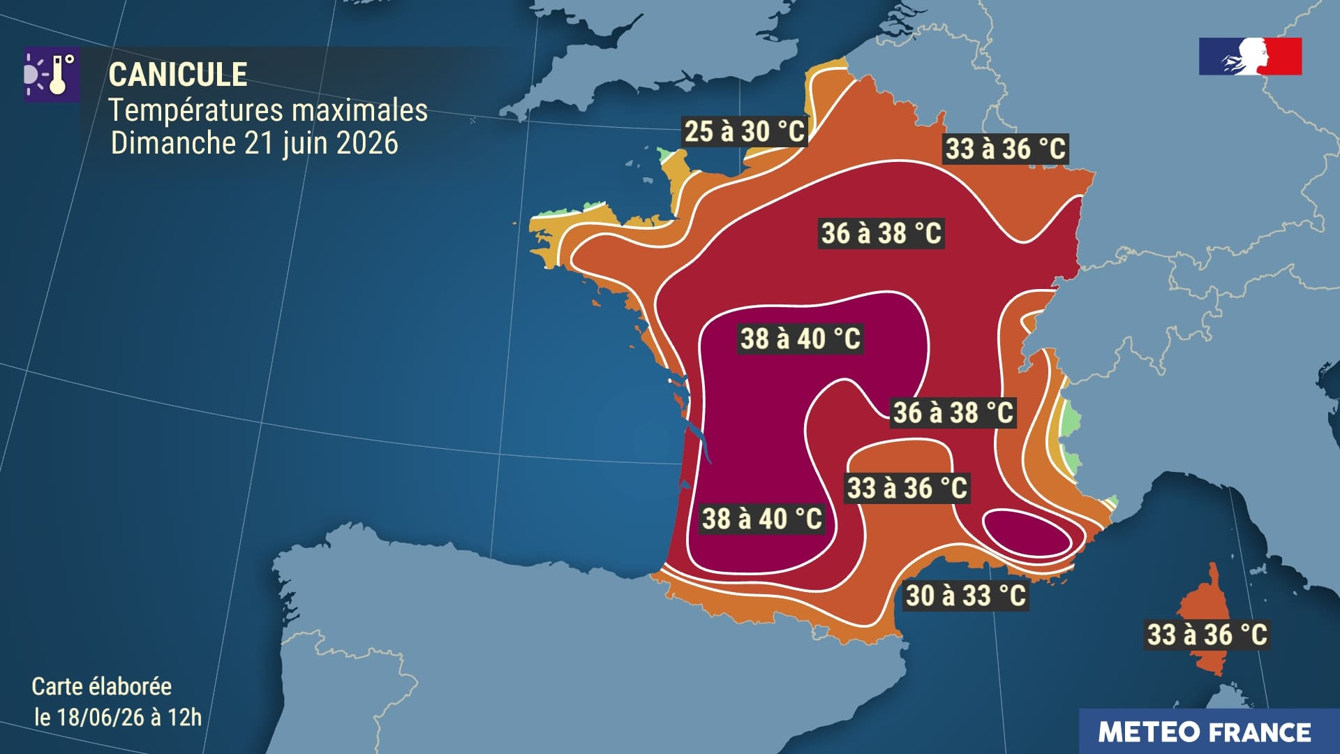 Températures maximales prévues le dimanche 21 juin 2026 © Météo-France