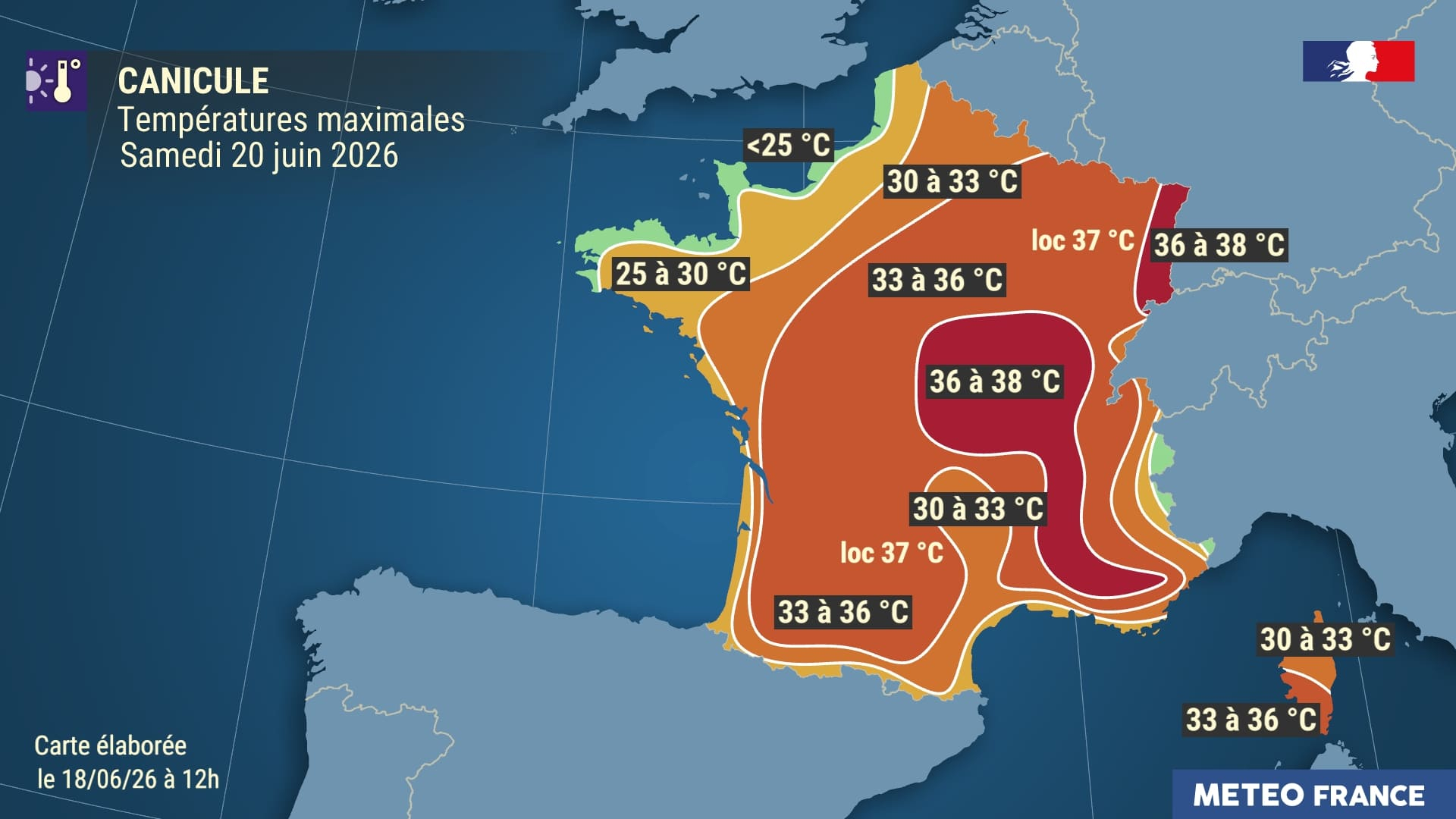 Températures maximales prévues le samedi 20 juin 2026 © Météo-France