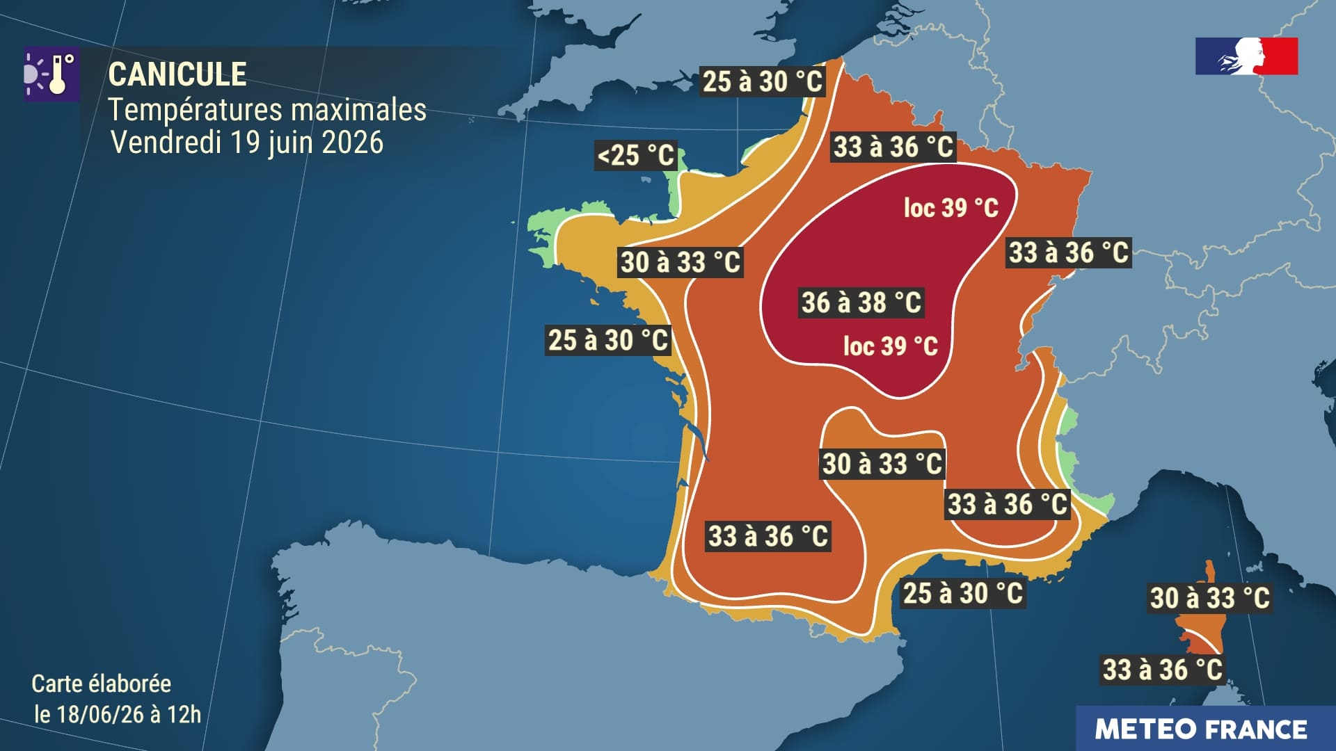 Températures maximales prévues le vendredi 19 juin 2026 © Météo-France