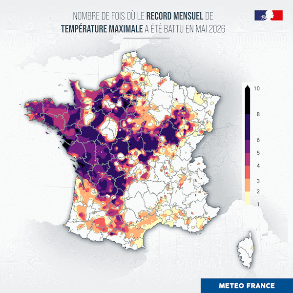 Nombre de fois où le record mensuel de Tmax a été battu en mai 2026
