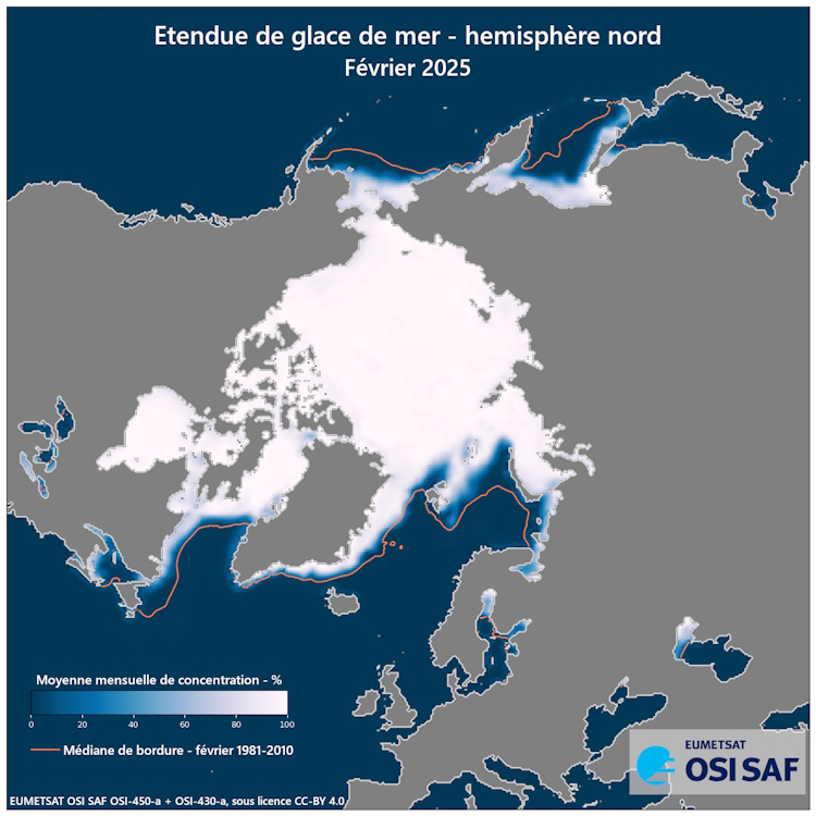 Étendue de glace de mer - hémisphère nord - février 2025 © Eumetsat OSI SAF sous licence CC BY 4.0