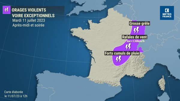 Orages violents le mardi 11 juillet 2023. © Météo-France