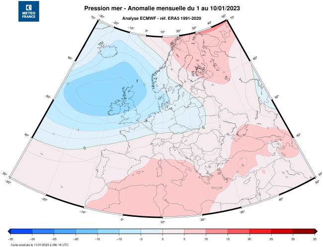 Anomalie mensuelle de la pression réduite réduite au niveau de la mer sur l'Europe du 1er au 10 janvier 2023. © Météo-France