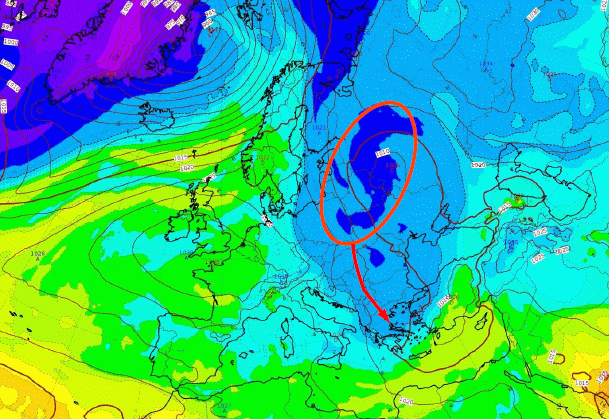 Pression réduite au niveau de la mer et température de la masse d'air le samedi 22 janvier 2022 à 15 UTC. En rouge, la trajectoire de la masse d'air froid. © Météo-France.