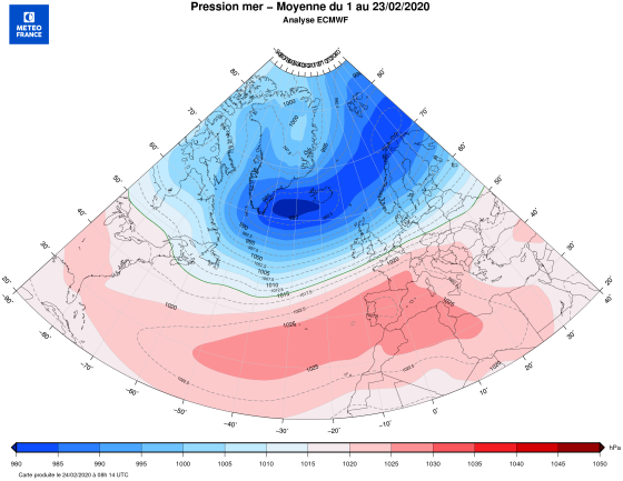 Pressions moyennées sur les 23 premiers jours du mois  en février 2020 :  le régime NAO+* illustré à merveille avec des hautes pressions entre les Açores, la péninsule Ibérique et la Méditerranée, et un bloc de basses pressions de l'Atlantique Nord au nord de la Scandinavie. Cette configuration a engendré des vents de sud-ouest dominants sur l'Europe. © Météo-France.