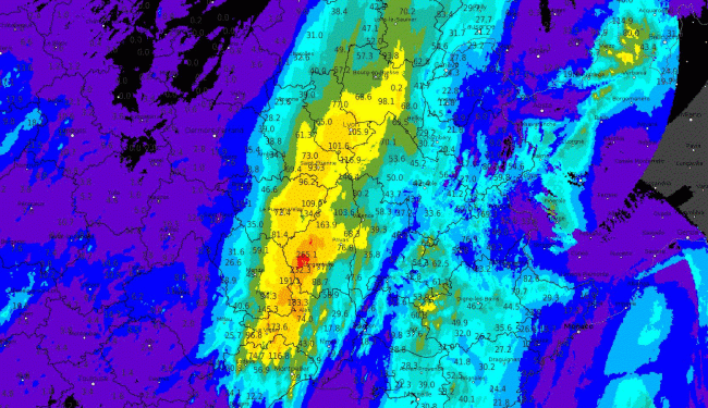 Cumul de précipitations relevés en 24 heures sur la région Rhône-Alpes. © Météo-France.