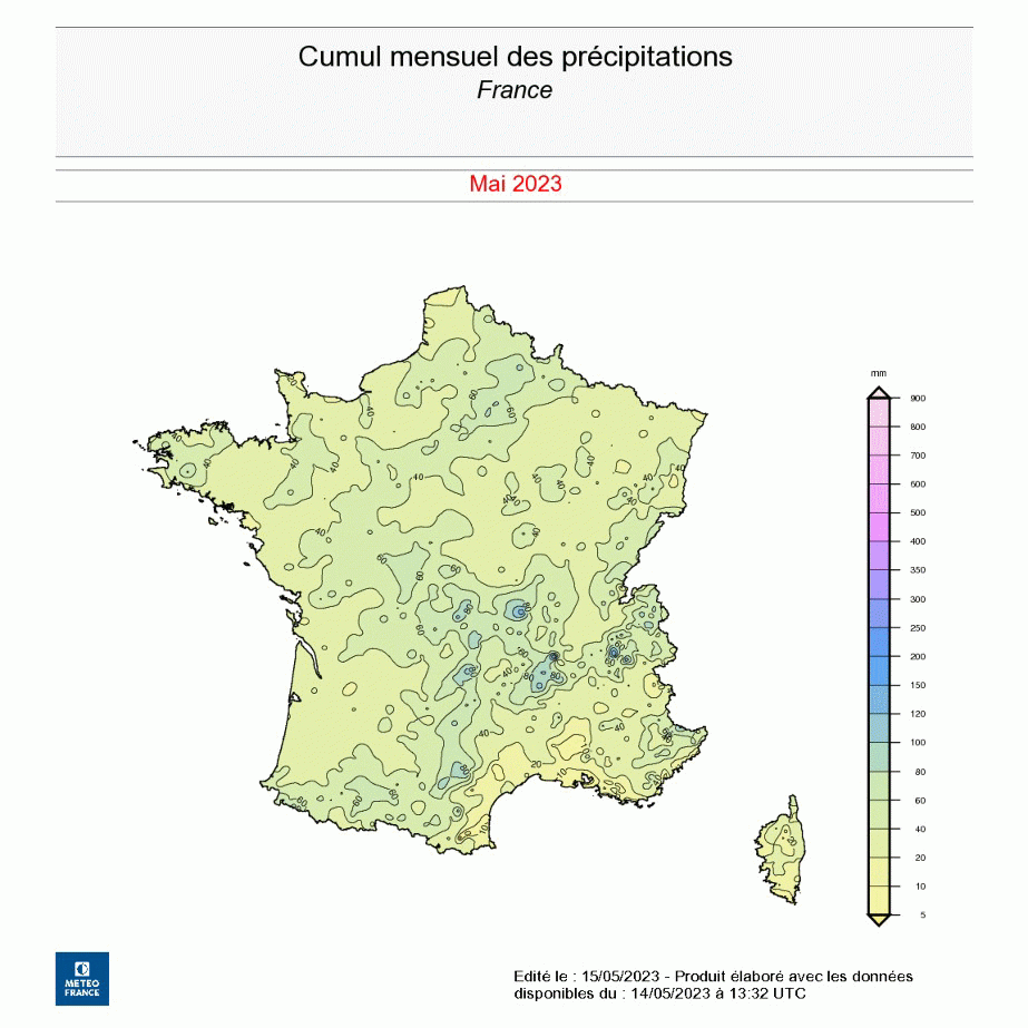 Cumul mensuel des précipitations - mai 2023 (au 14 mai)