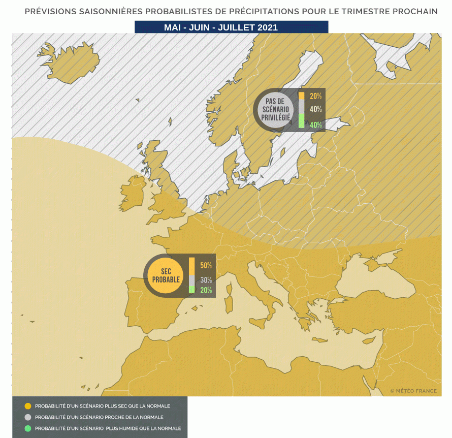 Prévisions saisonnières probabilistes de précipitations pour le le trimestre mai-juin-juillet 2021. © Météo-France.