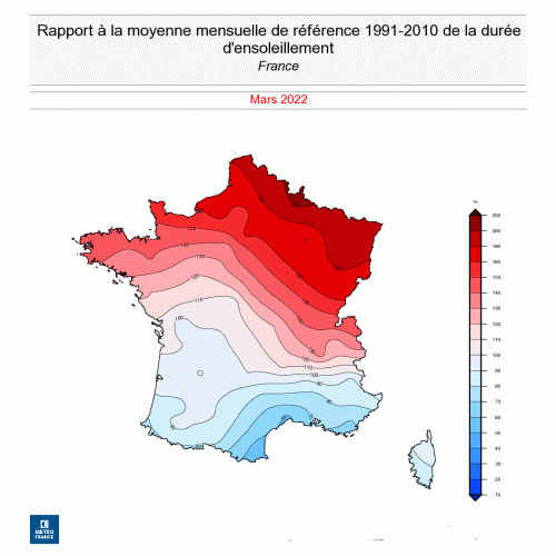 Rapport à la moyenne mensuelle de la durée d'ensoleillement entre le 1er et le 28 mars 2022 en France. © Météo-France.