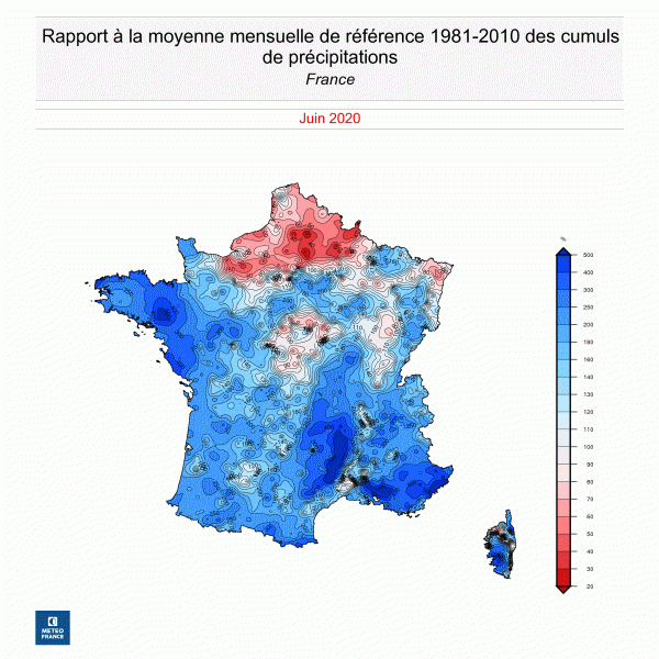 Rapport à la normale mensuelle des cumuls de précipitations du 1er au 15 juin 2020 - © Météo-France