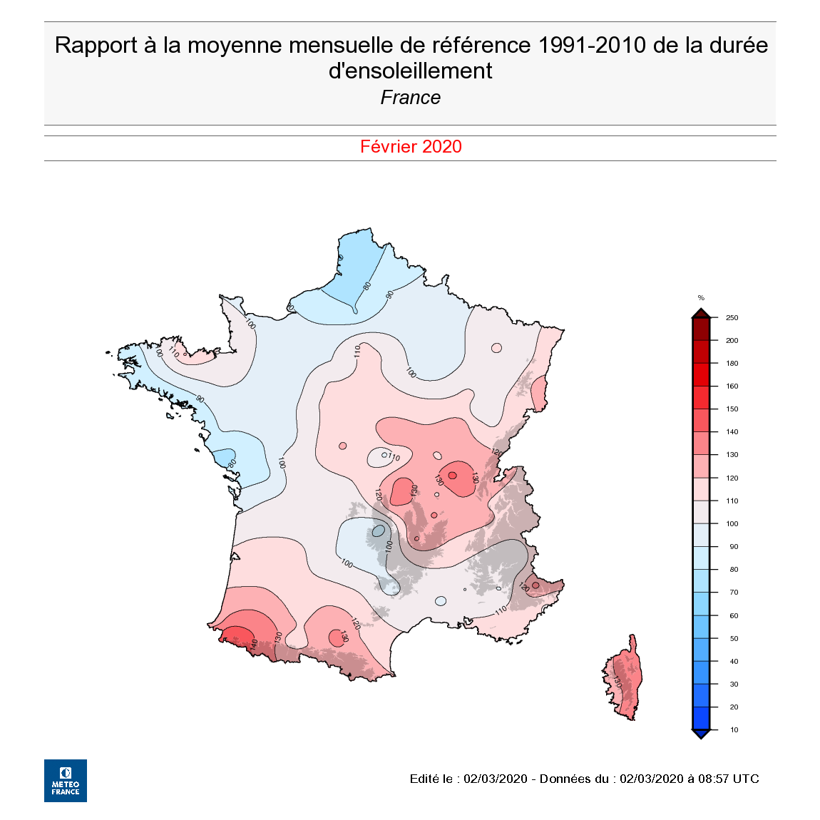 Rapport à la moyenne mensuelle de référence 1991-2010 de la durée d'ensoleillement, en février 2020. - © Météo-France